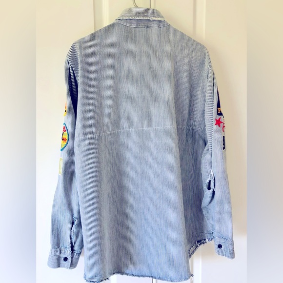 Distressed VTG embroidered patchs railroad ticking shirt XL Natural inst… - Picture 10 of 16